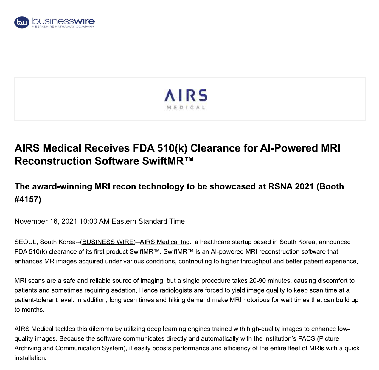 AIRS Medical Receives FDA 510(k) Clearance for AI-Powered MRI Reconstruction Software SwiftMR™