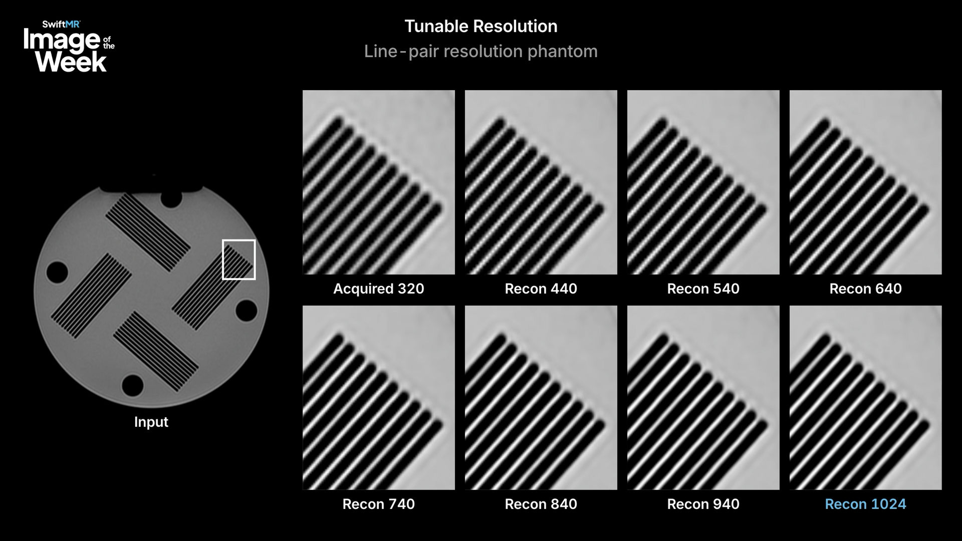 Line-pair resolution phantom acquired at a 320 matrix and reconstructed with SwiftMR Tunable Resolution at seven levels from 440 to 1024.