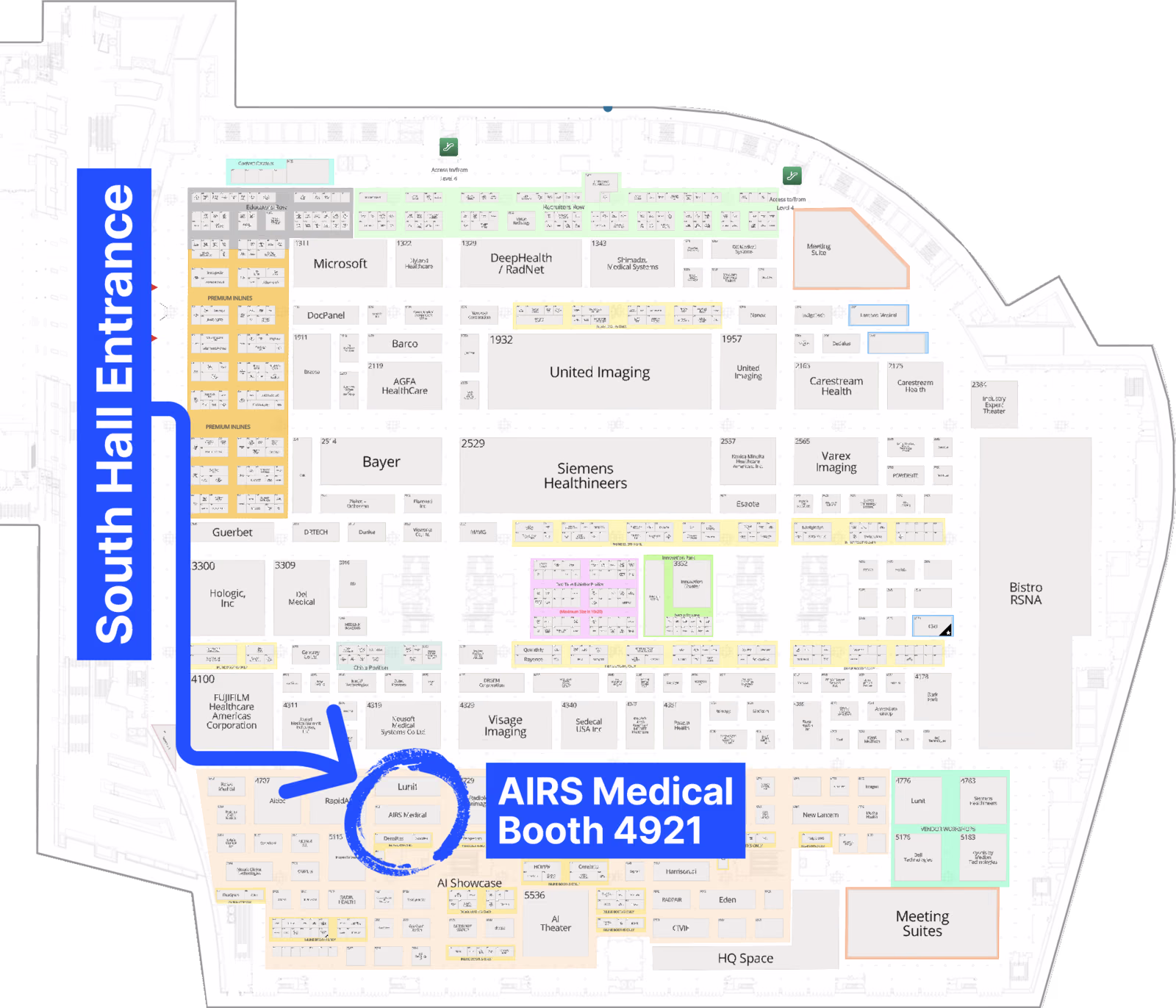 RSNA 2026 South Hall floor plan with AIRS Medical Booth 4921 circled, near the AI Showcase