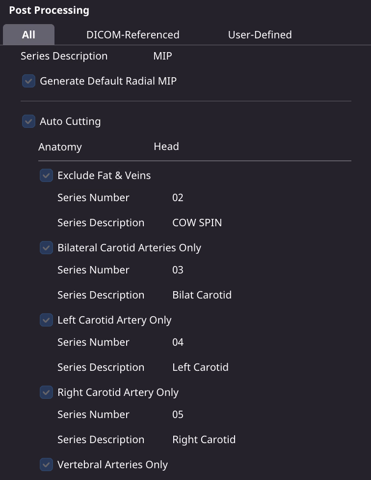 SwiftMR Post Processing settings with Auto Cutting on for head anatomy: each vascular view (circle of Willis spin, bilateral carotids, left and right carotid, vertebral arteries) has its own series number and series description