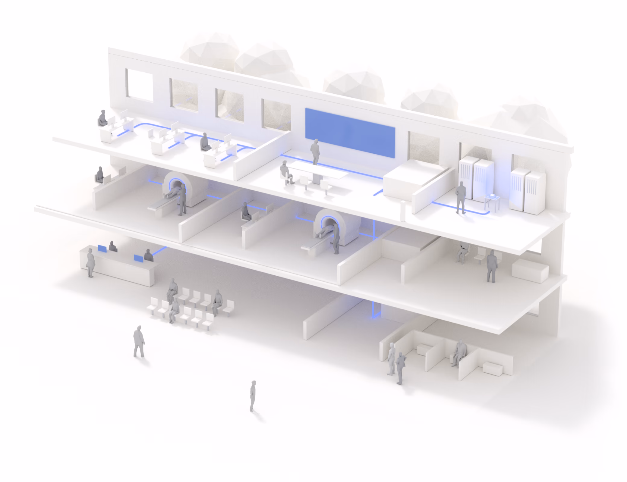 A hospital cut away to show its imaging floors: check-in and waiting on the ground floor, 3T and 1.5T MRI suites above, radiologists reading on the top floor, and the SwiftMR server they all connect to.