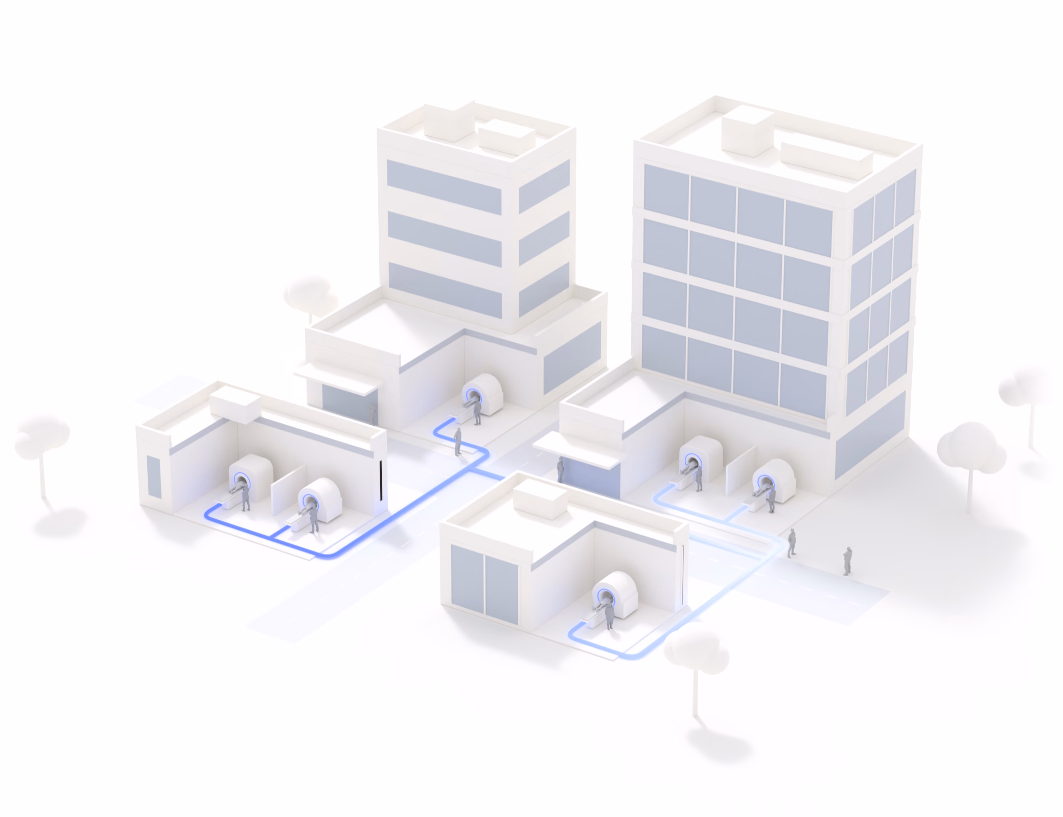 Four sites in one health system: an academic medical center, a community hospital, an outpatient center, and an imaging center, each cut away to show its MRI rooms, with SwiftMR running between every scanner.