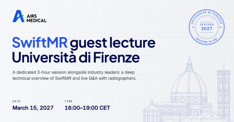 SwiftMR guest lecture at the University of Florence MRI Specialist Master’s program, March 15, 2027, with Florence Cathedral line illustration