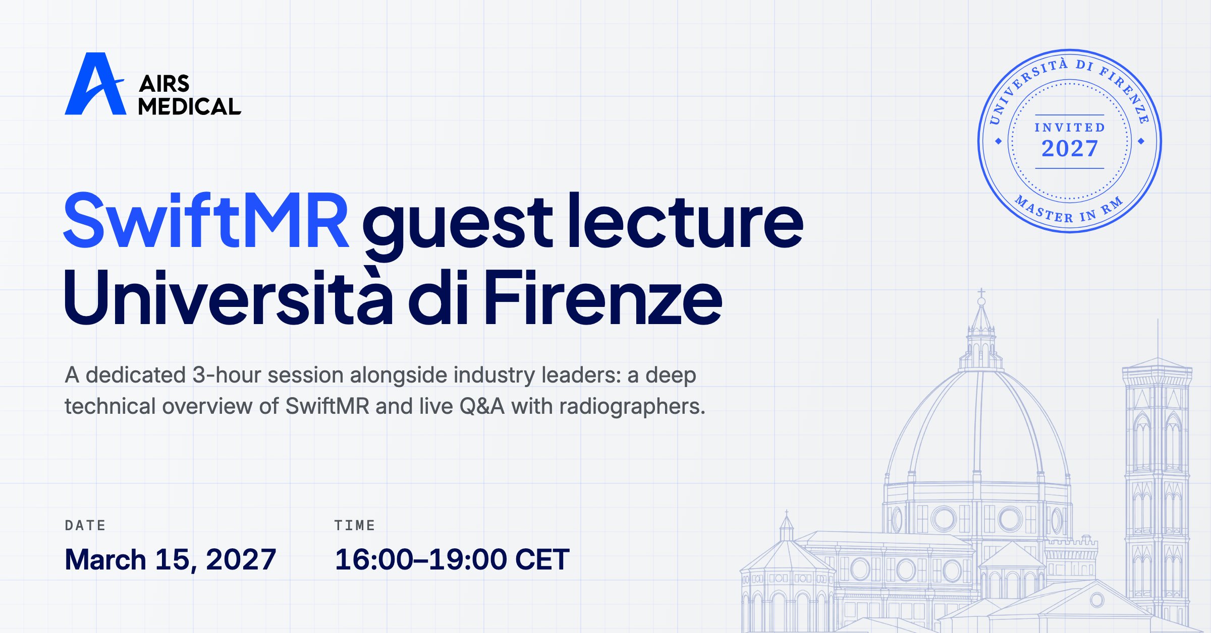 SwiftMR guest lecture at the University of Florence MRI Specialist Master’s program, March 15, 2027, with Florence Cathedral line illustration
